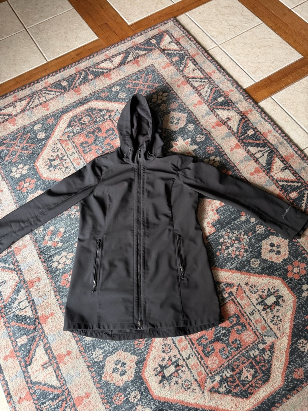 Eddie Bauer Women Black Hooded Fleece lined Trench Rain Coat Size Large
